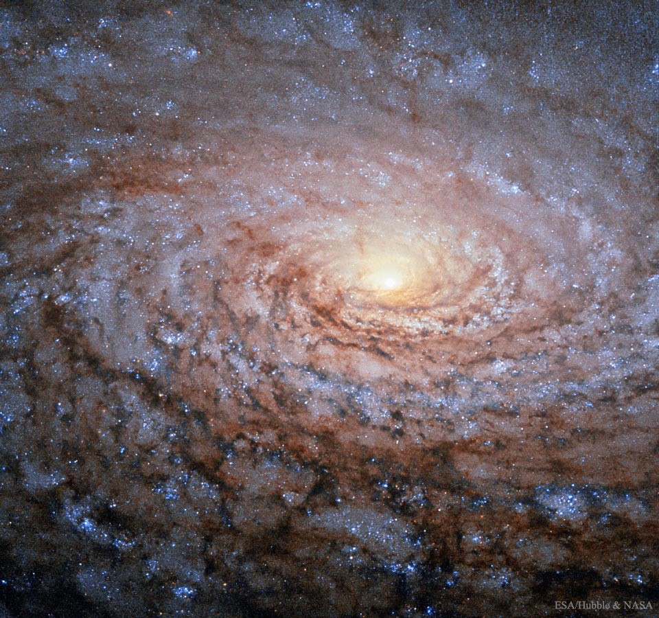 Das Zentrum der Sonnenblumengalaxie M63 erinnert hier an einen kosmischen Mahlstrom. Die Spiralarme sind von dunklen Staubwolken akzentuiert und von blauen Sternhaufen gesprenkelt. In der Mitte leuchtet die Galaxie gelb.