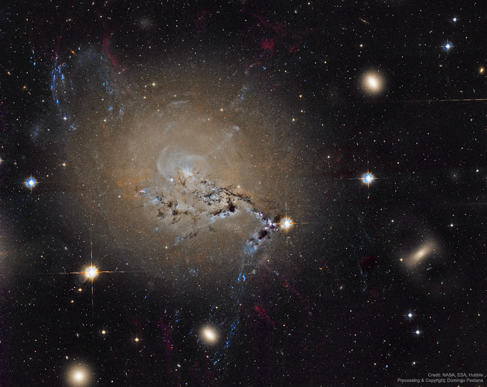 Die Galaxie NGC 1275 hat hüllenartige Schalen und ist von wilden Strukturen überlagert. Um sie herum befinden sich weitere Galaxien.