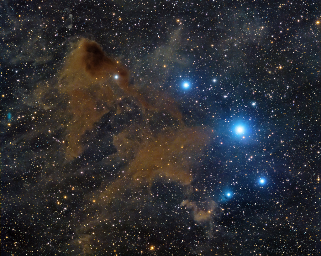 Eine braune Wolke verdeckt Sterne. Es ist Lynds Dunkelnebel 183. Rechts daneben leuchten helle blaue Sterne. Der Hintergrund ist von kleineren Sternen übersät.