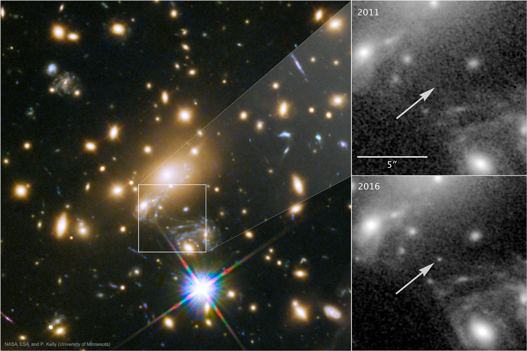 Die Markierung im linken Bild zeigt einen besonderen Stern, der in den Einschüben rechts markiert ist. Im oberen Bild von 2011 ist an der Stelle kein Stern, im unteren Bild von 2016 tauchte er wie aus dem Nichts auf.
