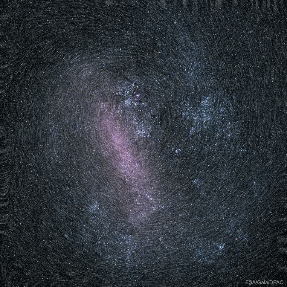 Die Große Magellansche Wolke im Bild wurde mit überzeichneten Strichspuren versehen. Die Messdaten dafür stammen vom Satelliten Gaia.