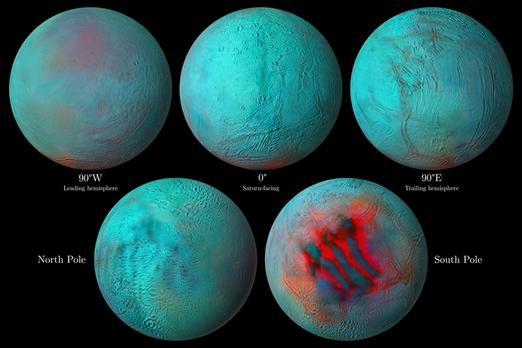 Dramatische Details auf diesen fünf Bildern der Raumsonde Cassini des Saturnmondes Enceladus sehen aus wie tiefe Einschnitte in der Südpolregion des 500 Kilometer großen Mondes.