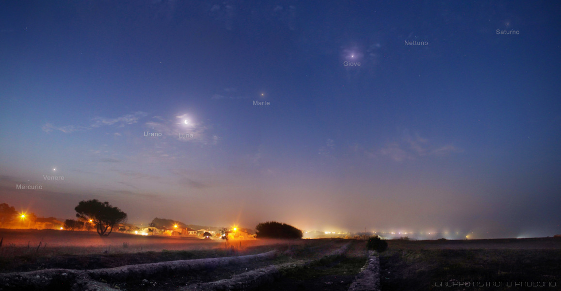 Alle Planeten und der abnehmende Sichelmond stehen vor Sonnenaufgang in einer Reihe über den östlichen Horizont bei Marina di San Nicola in Italien.