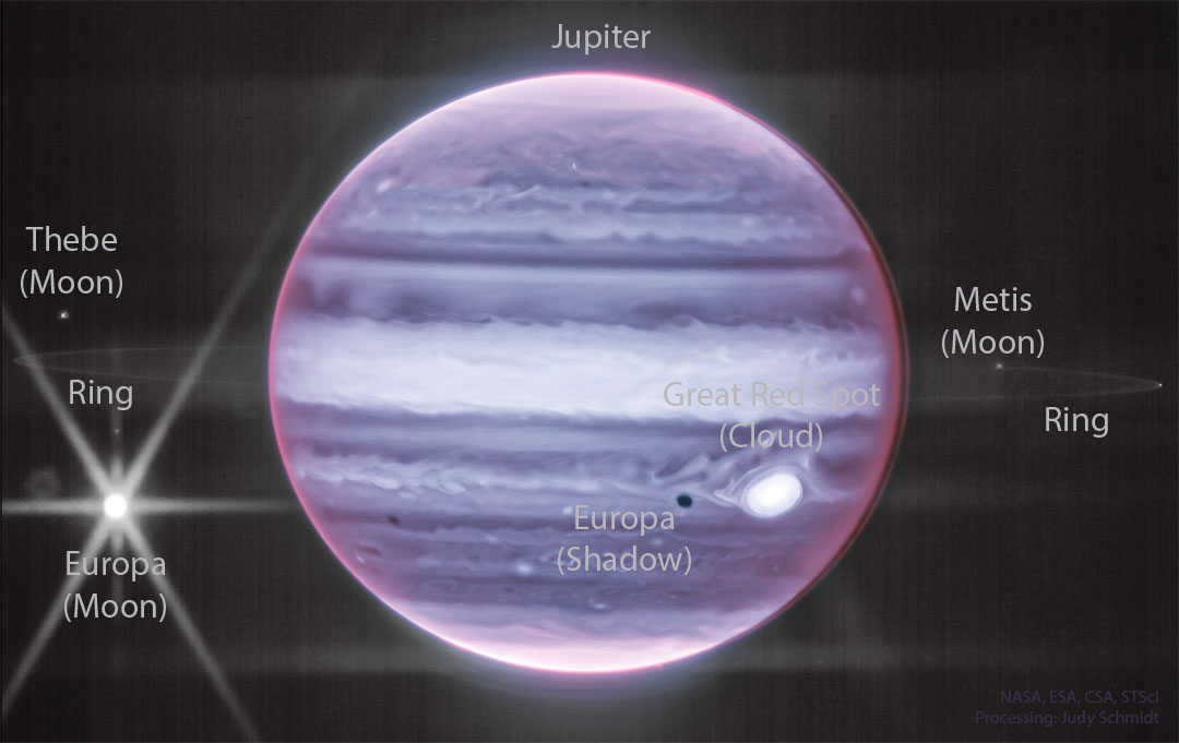 Jupiter im Infraroten, aufgenommen vom James-Webb-Weltraumteleskop. Zu sehen sind Wolken, der Große Rote Fleck, der hell erscheint, und ein auffälliger Ring um den Riesenplaneten.