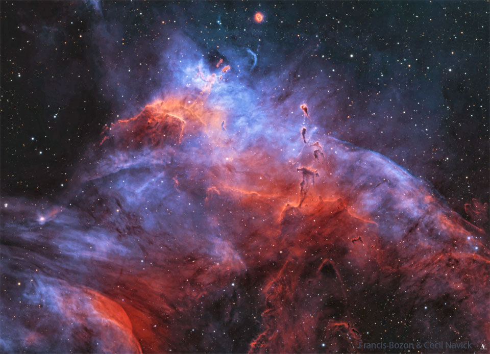 Im unteren Bildteil sind rot und lila leuchtende Staubwolken. Mitten im Bild ragt eine tropfende, dunkle fragile Form heraus, die an Kaulquappen erinnert. Oben sind Sterne im Hintergrund verteilt.