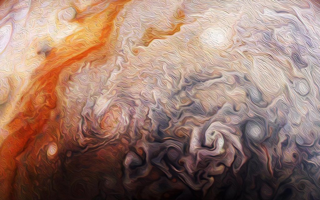 Die Oberfläche von Jupiter wurde mit einem Grafikfilter bearbeitet, sodass das Bild an ein Ölgemälde erinnert.
