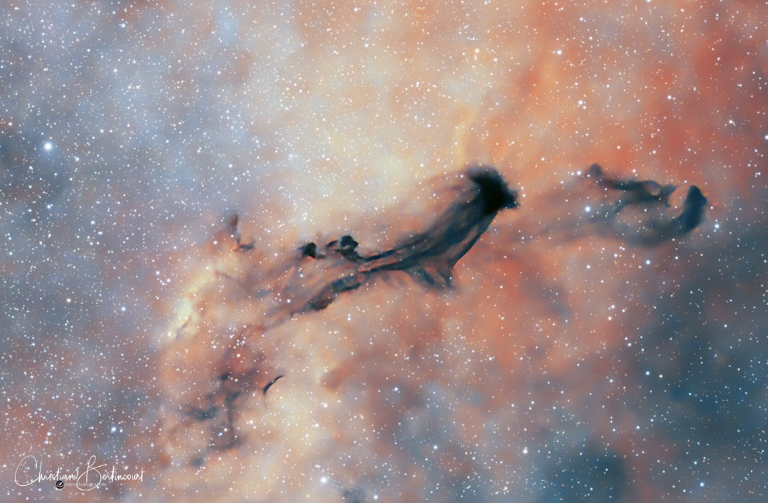 Vor rosa und fliederfarbenen Nebeln, die mit Sternen gespickt sind, zieht eine dunkle Wolke. Sie erinnert an einen Tropfen Tusche, der in ein Glas Wasser fällt.