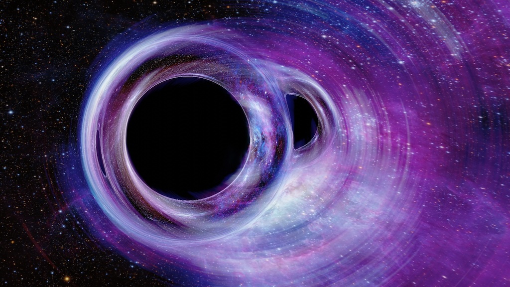 Die Illustration zeigt das Ergebnis einer Simulation. Zwei Schwarze Löcher verschmelzen vor dem Hintergrund des Tarantelnebels in der Großen Magellanschen Wolke. Das Ereignis ist fiktiv.